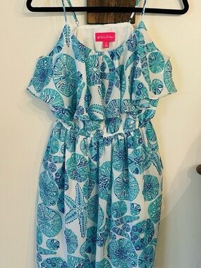 Lilly Pulitzer junior's white  & Teal Shell-Print Ruffle Sundress